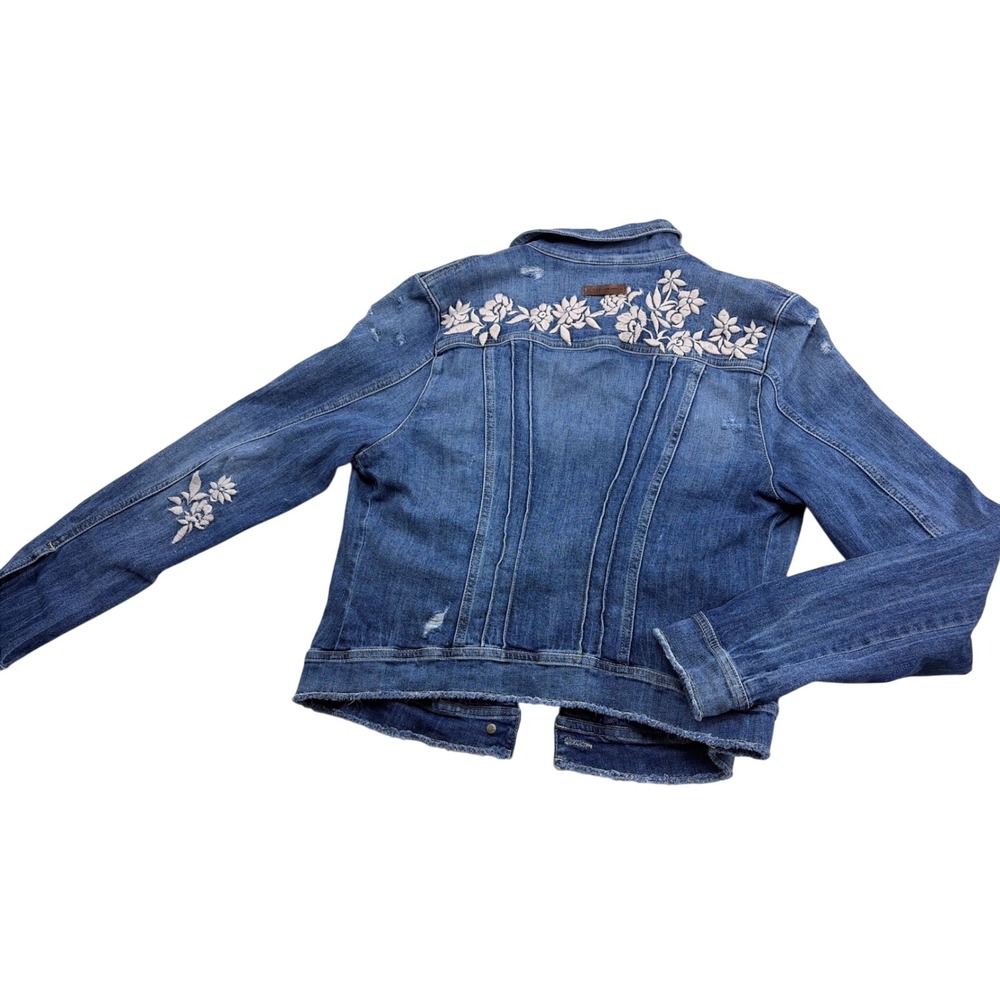 Guess Los Angeles Floral Embroidered Distressed Denim Jacket Blue Womens Large